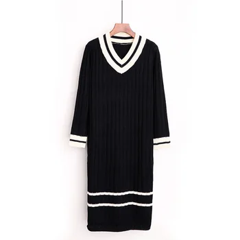 

black strip New Autumn Winter Warm Sweater Dress Women Sexy Loose Bodycon Dress Female v neck Long Sleeve Knitted Dress Vestidos