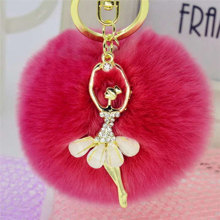 Fashion Crystal Ballet Dancing Fairy Rex Rabbit Fur Ball Pom Pom Gold Key Chains Woman Bag Charms Keyring Car Ring Trinket (19)_