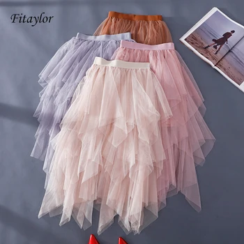 

Fitaylor Womens Midi Pleated Skirt Tulle Skirt Women 2020 Spring Summer Irregular Elastic High Waist Mesh Skirt Multicolors