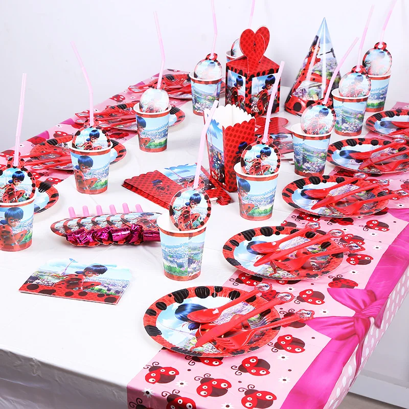 

Miraculous Ladybug Boy Girl 's Birthday Party Set Supplies Paper Plates Cups Dringking Straws Napkins Hat Flag Disposable