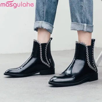 

Masgulahe 2019 new arrival patent leather shoes women ankle boots round toe spring autumn punk boots woman casual shoes
