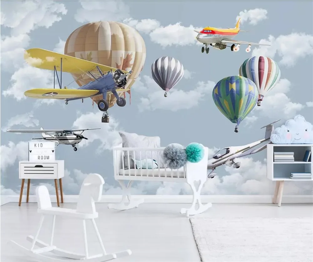 

beibehang Nordic minimalist hand-painted wallpaper cartoon airplane balloon children's room background custom 3d photo wallpaper