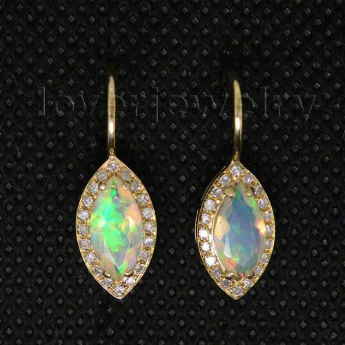 Natural Opal Earrings 14Kt Yellow Gold,Clip Diamond Opal Earrings 585 Yellow Gold Marquise 4.5x9.5mm WE007