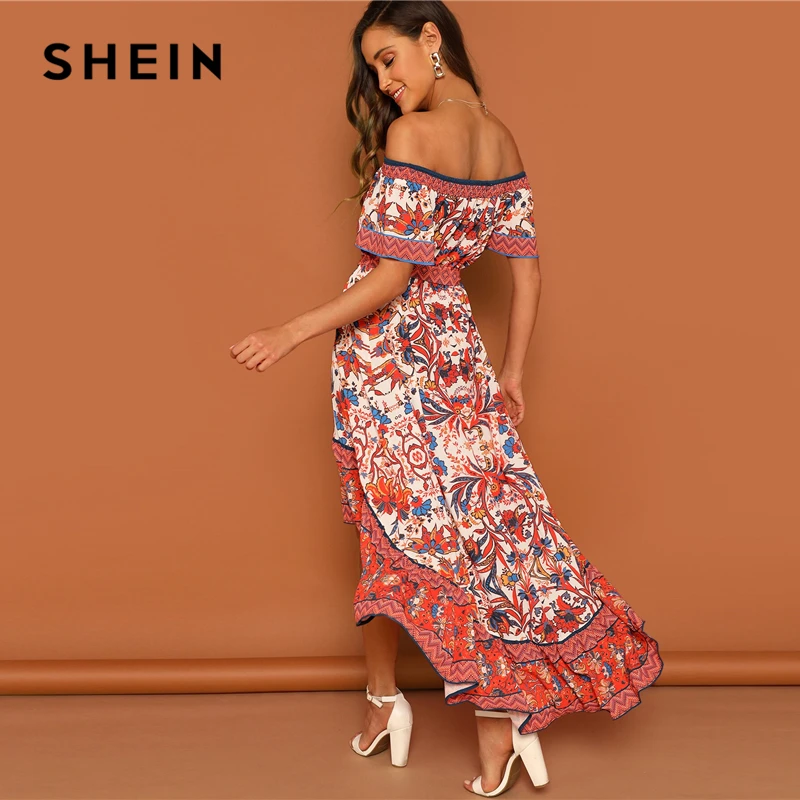SHEIN بوهو متعدد الألوان القبلية و الزهور طباعة معطلة الكتف Dip تنحنح مربوط اللباس المرأة قصيرة الأكمام أنيقة الصيف فساتين متوسطة الطول