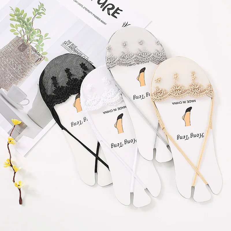 

Summer thin section invisible socks women's section cotton half palm high heel socks mesh embroidered boat socks garter