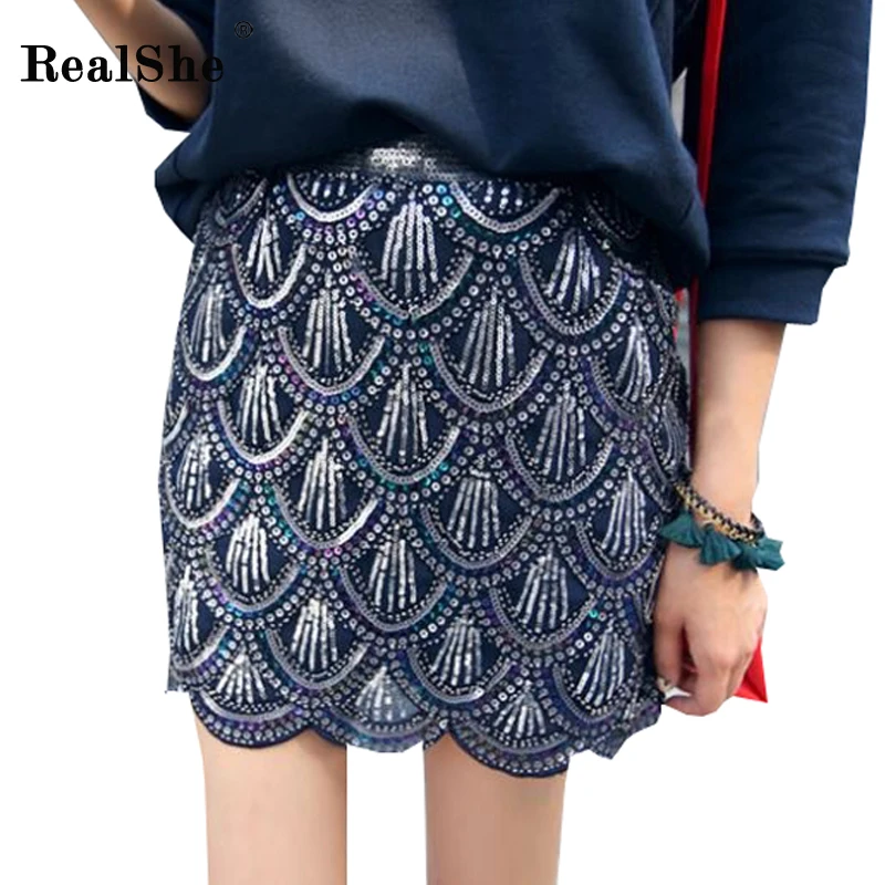 

RealShe 2018 Sexy Women Fashion High Waist Short Pencil Bodycon Mini Skirt High Waist Sequins Women Skirt New Female Short Saia