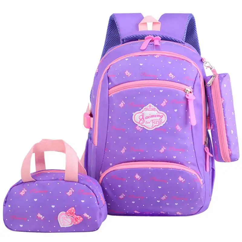 3 Piece Set Waterproof School Backpacks Printing School Bags for Girls Kids Light Children School Bagpack Backbag Rucksack - Цвет: Purple