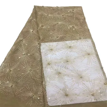 

Gold Nigerian Fabric High Quality Embroidery French Net Lace Beaded French Wedding Sequin Tulle Lace Fabaric X683-8