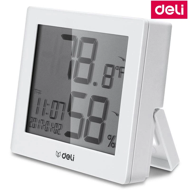 

Deli 8813 LCD Display Electric Temperature and Humidity Meter Thermometer & Hygrometer w/ Clock Time Date Hygrothermograh