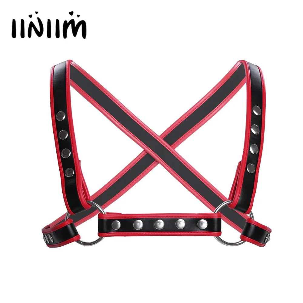 

Men Lingerie Faux Leather Adjustable Body Chest Harness Criss-cross Back Bondage Costume Party Shaper for Men with Press Buttons