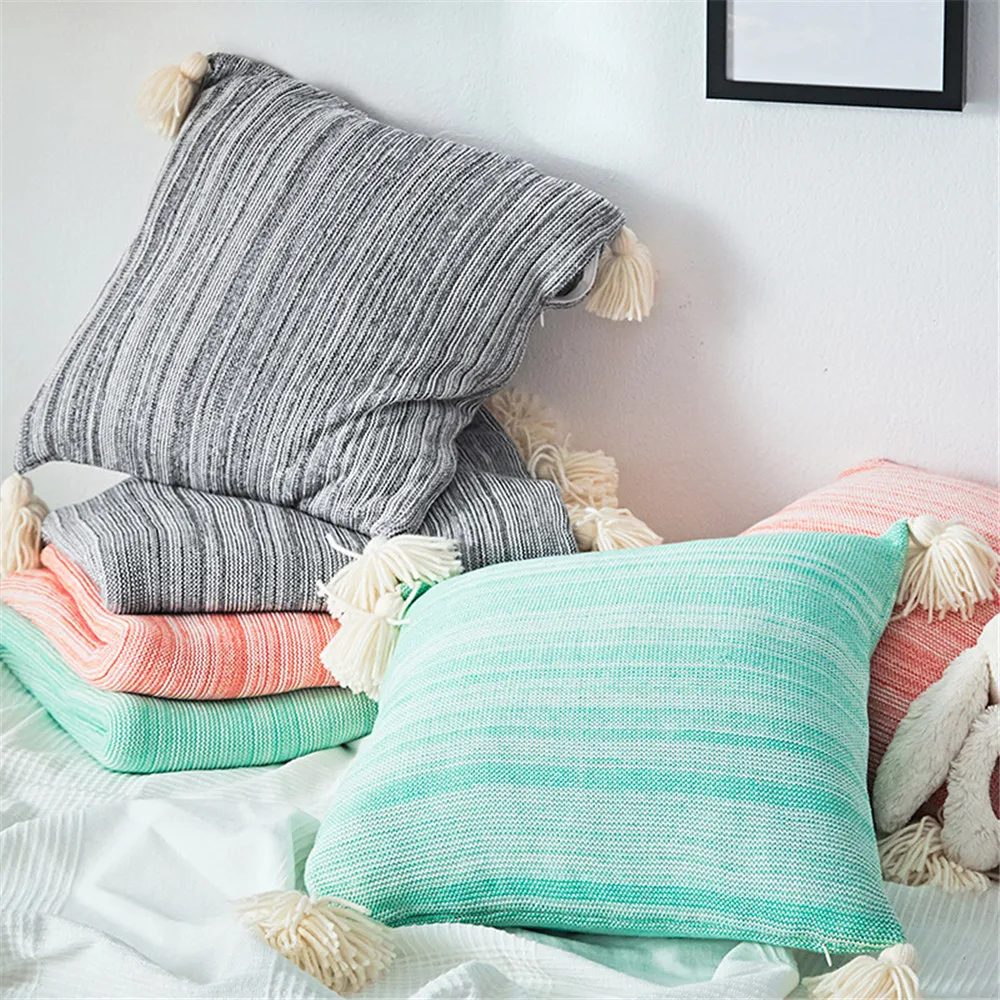 

Mint Green Knitting Cushion Cover with Tassels 45*45cm Nordic Pillow Case Coussin Home Office Sofa Crocheting Pillows Xmas Decor
