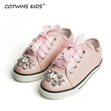 CCTWINS ENFANTS Printemps Automne Kid Mode Blanc Sneaker Enfants Pu Formateur En Cuir Enfant Fille Dentelle-Up Strass Rose Plat F438