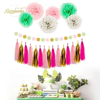 

NICROLANDEE 22 pcs/set Gold Green Pink Paper Flower Garland Tissue Tassel Kit Party Decoration DIY