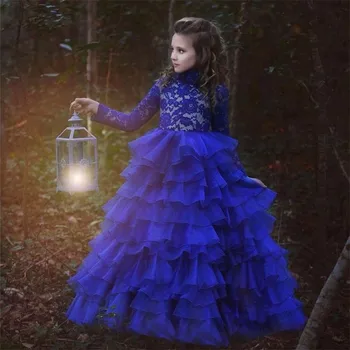 

New Arrival Long Sleeve Ball Gown Girls Pageant Dresses High Neck Royal Blue Lace Tiers Organza Flower Girl Dresses