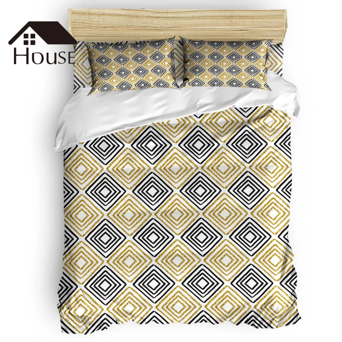 

BIGHOUSES Duvet Cover Set Black Gold Diamond Abstract Geometry Duvet Cover 4 Piece Bedding Set