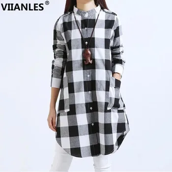 

VIIANLES Plaid Tops Women Tops Casual T Shirts Turndown Collar Long Sleeve Flannel Long Shirt Pocket Black White Grid Tee