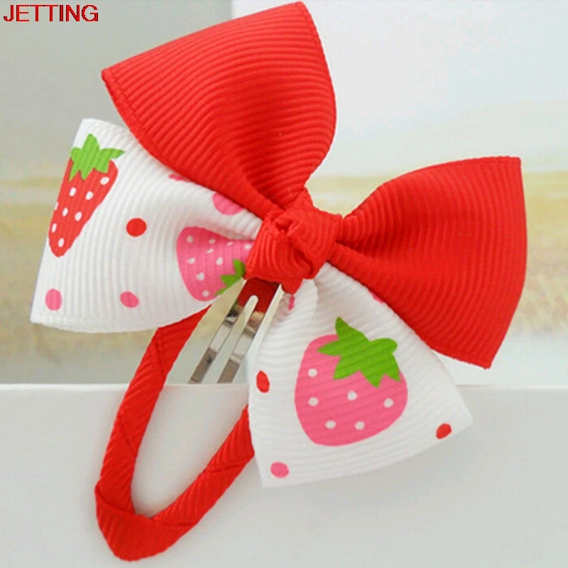 

JETTING-1pcs Kids Girls Hairpins Girls Hair Clips Ribbon Bow Kids Strawberry Satin Bowknot Hairpin