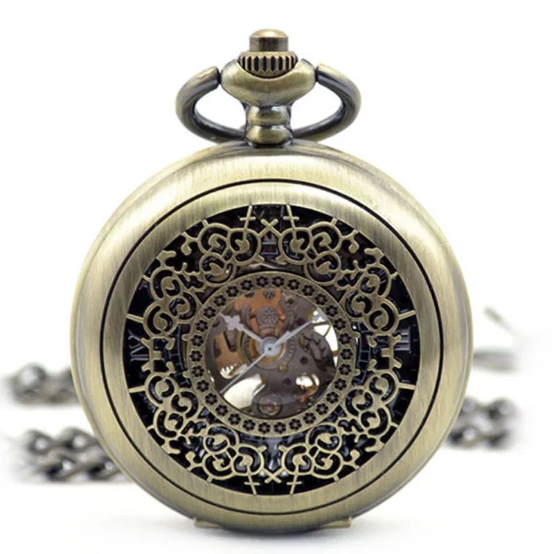 

New Steampunk Skeleton Mechanical Bronze Pocket Watch Men Vintage Hand Wind Clock Necklace Pocket & Fob Watches With Chain