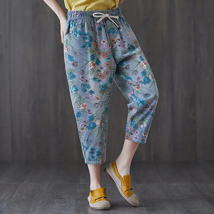 

Women Jeans Harem Pants Female Trousers Denim Vintage Printed Floral Elastic High Waist Autumn Loose Plus Size Pantalon Femme
