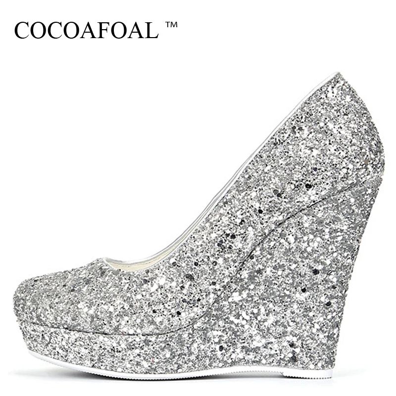 

COCOAFOAL Silvery Golden Women's High Heels Shoes Woman Wedding Shoes Party Pumps Plus Size Fashion Sexy Wedges Pumps 2019