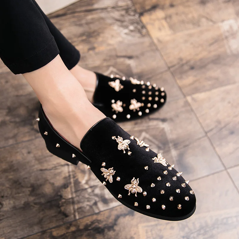 

New Fashion Gold Top and Metal Toe Men Velvet Dress shoes italian mens dress shoes Handmade Loafers The bees shoes size 38-45