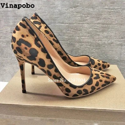Vinapobo High Heels Leopard Shoes Women Stilettos Pumps Office Lady Pointed Toe Flock Sexy 12 cm Wedding Shoes Sapato Feminino