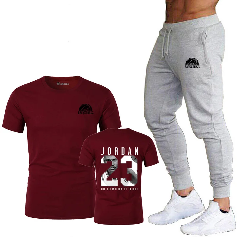 2019 новый модный мужской беговой костюм с круглым вырезом, спортивная фуфайка, футболка с короткими рукавами из хлопка, штаны для бега Jordan 23
