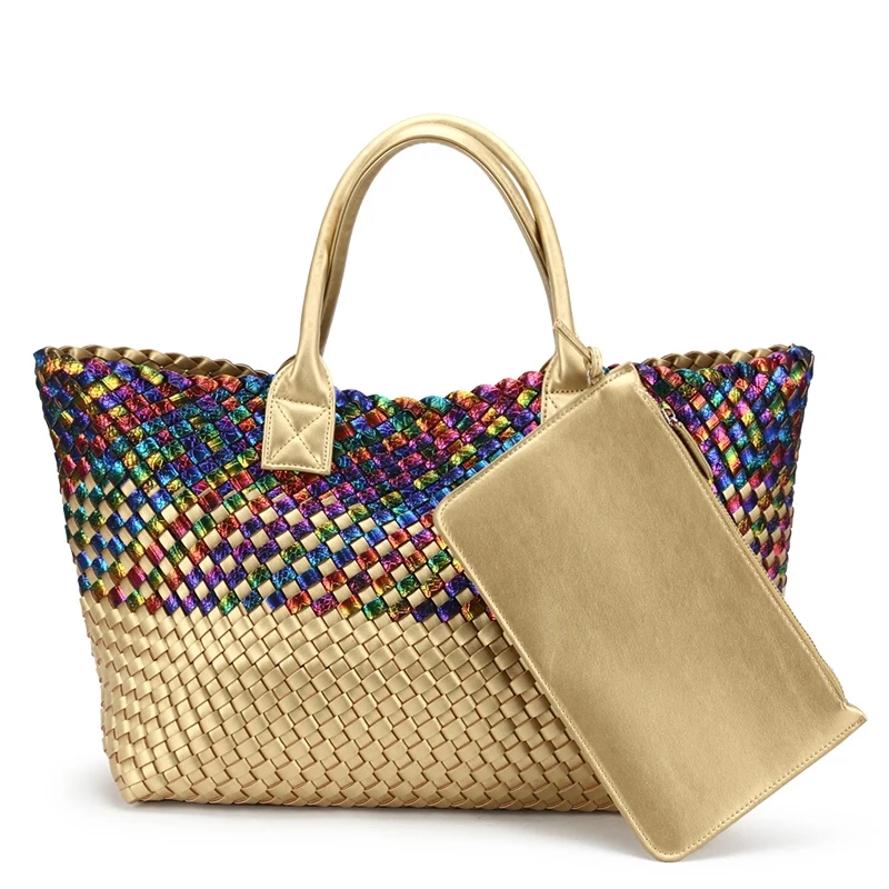 Fashion Shinning Rainbow With Gold Woven Leather Handbag Ladies Large