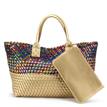 

Fashion Shinning Rainbow With Gold Woven Leather Handbag Ladies Large Capacity Hobo Knitting Serpentine Bag Large Casual Totes