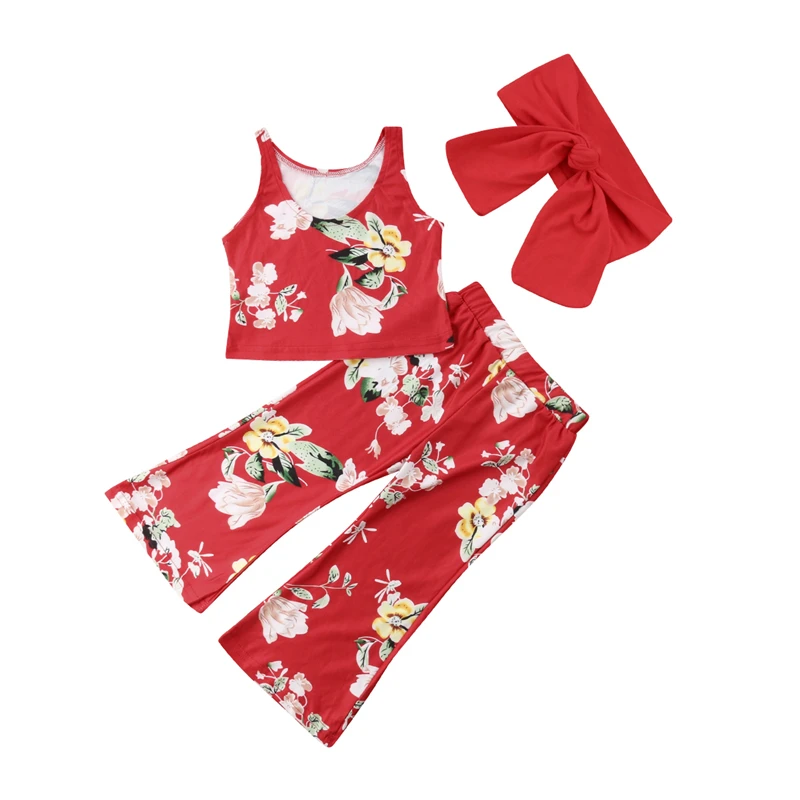 

Newborn Kids Baby Girls Flower Summer Clothes Fashion Toddler Baby Girl Vest Crop Top Flare Long Pants Leggings 3Pcs Sunsuit Set