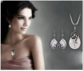 

New Retro Silver Fashion Opal Water Drop Flower Pendants Long Necklaces And Drop Earrings Jewelry Sets Corn Chains 30"
