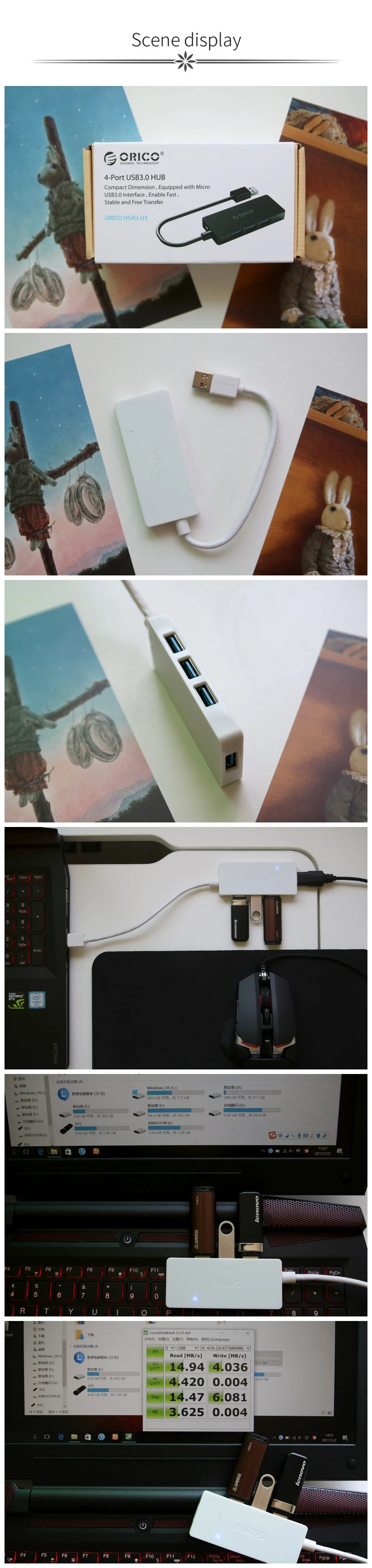 ORICO супер Скорость 4 Порты и разъёмы usb-хаб 3,0 Портативный OTG концентратор USB разветвитель с светодиодный светильник для Apple Macbook Air ноутбук Планшетные ПК