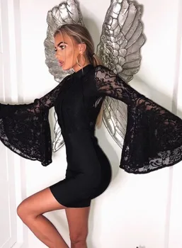 

Women Fashion Sexy Lace Flare Sleeve Black Thick Rayon Bandage Dress Long Sleeve Elegant Celebrity Party Dresses