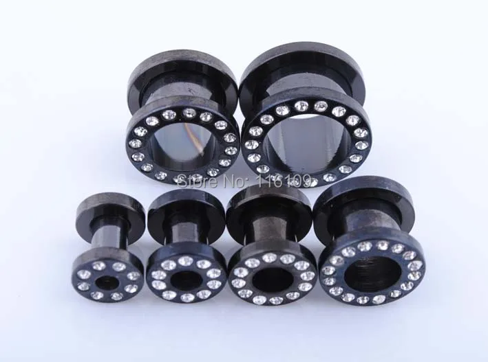Clear Gem Paved Steel Black Titanium Anodized Ear Tunnel 13mm,14mm,16mm