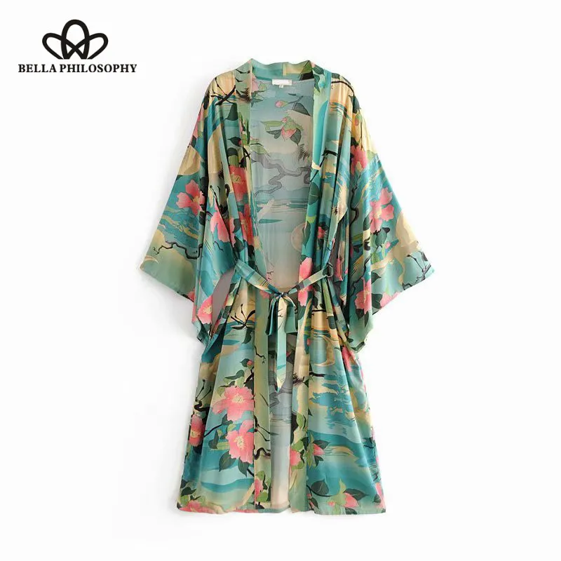 

Bella Philosophy 2018 Boho Chic Vintage Floral Crane Print Long Kimono V Neck With Sashes Beach Ladies Blouses Blusas Mujer