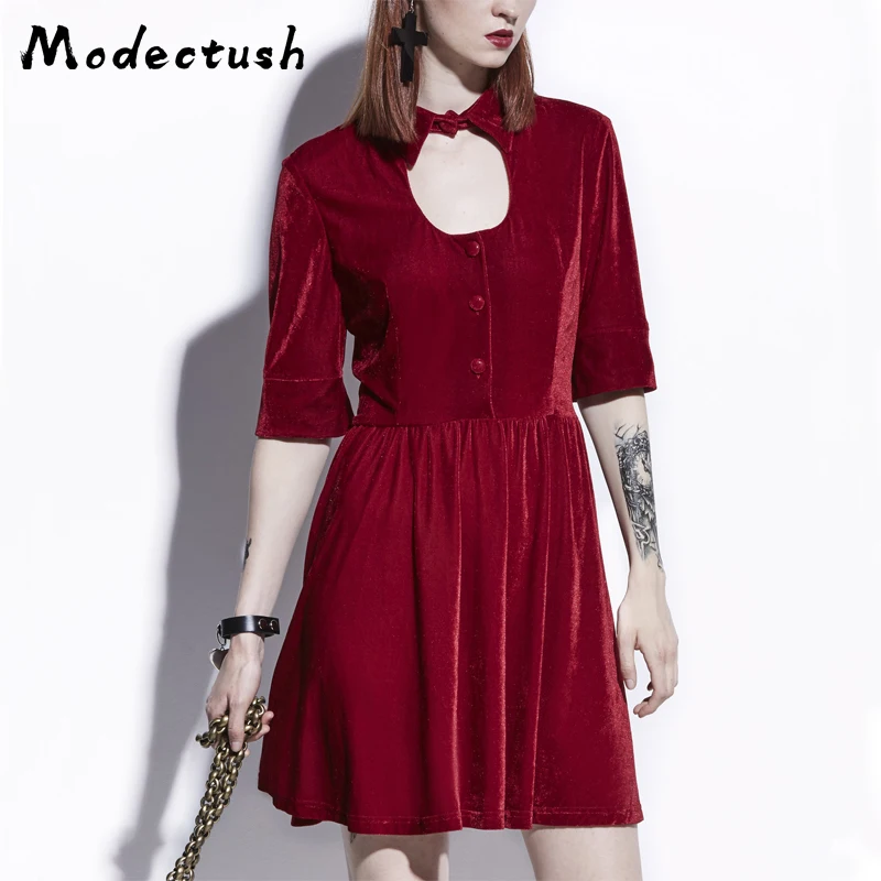 

Modecrush Women Haft Sleeve Button Velvet Pleated Dress 2019 Retro Red Gothic Hollow Out Mini Dresses Harajuku Gothique Club