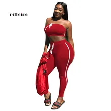 Echoine Women 2 Piece Set Fashion Side Stripe Sexy Slim Elastic Knit Strapless Tops Long Pencil Pants Sport Suits Casual Outfits Echoine Women 2 Piece Set Fashion Side Stripe Sexy Slim Elastic Knit Strapless Tops Long Pencil Pants Sport Suits Casual Outfits