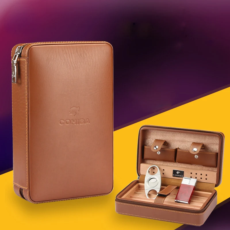 

COHIBA Black Brown Leather Cedar Lined Cigar Case Humidor W/ Cutter Lighter Humidifier Set
