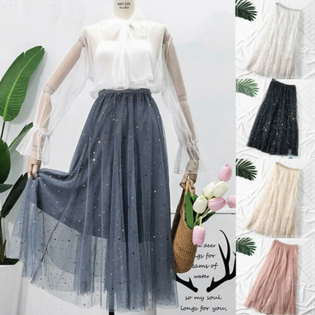 

Women's Tulle Plain Pleated Skirt 2019 New Fashion Solid color Mesh Midi Skirt High Waist Woman Skirts Apr23