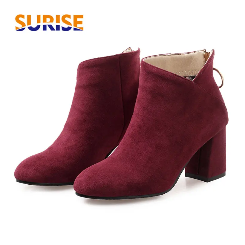 

Flock Winter Women Ankle Boots 7cm High Square Chunky Heel Red Casual Party Office Round Toe Metal Ring Zipper Short Ankle Boots