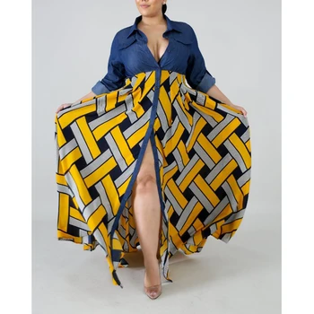 

African Robe Fashion Women Maxi Dress Plus Size Long Sleeve Yellow Plaid Oversize Sexy Spring Autumn High Waist Shirt Dresses