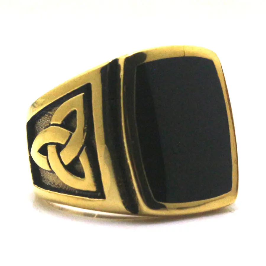 Размер от 7 до 15 крутое мужское кольцо 316L из нержавеющей стали, Полированное серебряное или Золотое кольцо с большим черным камнем, вечерние кольца в стиле рок, лучший подарок - Цвет основного камня: Золотой