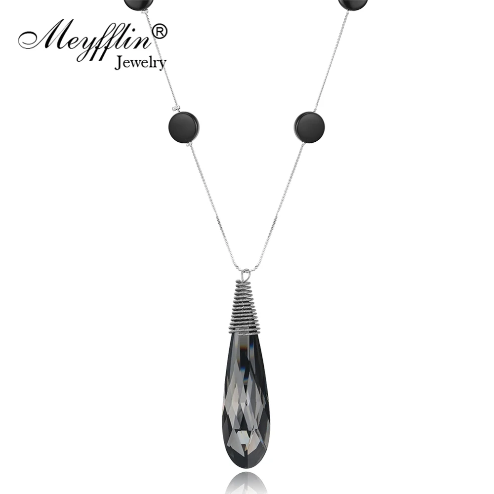 

Meyfflin Big Waterdrop Long Necklace Fashion Round Droplets Crystal Pendant Necklace for Women Collier Femme 2019 Chain Jewelry