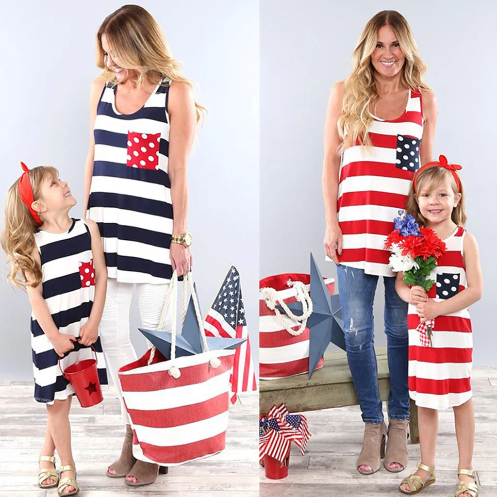 

MUQGEW Mommy and Baby Dress Girl Family Stripe Summer Sleeveless Clothes for Family 4th Of July Vest American Flag Dresses