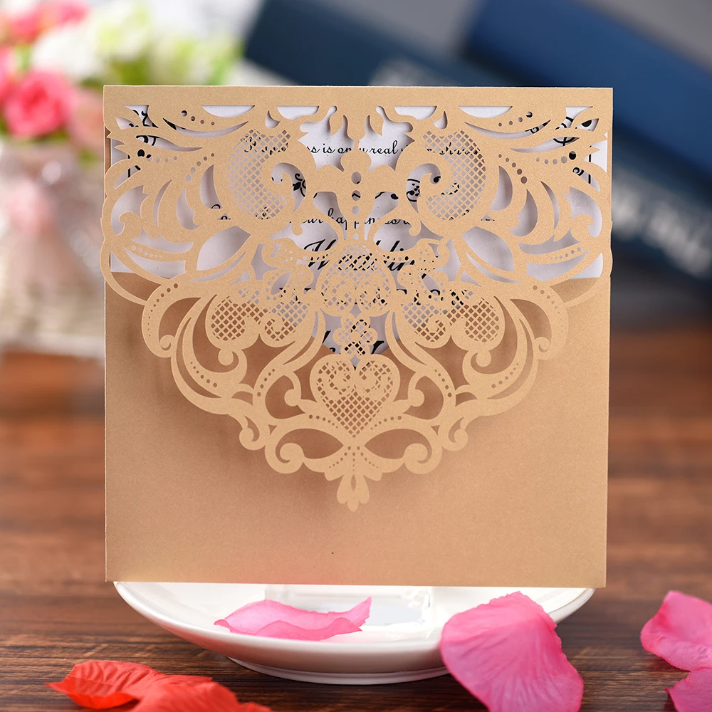  5 Packs Laser Cut cards Invitations for Wedding Glittery pocket style wedding announcement invitati - 33035283311