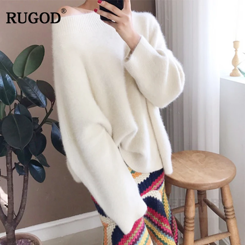 RUGOD, осень и зима, новинка, белый и розовый, свободный, с вырезом лодочкой, уличный стиль, женский свитер, пуловеры, корейский