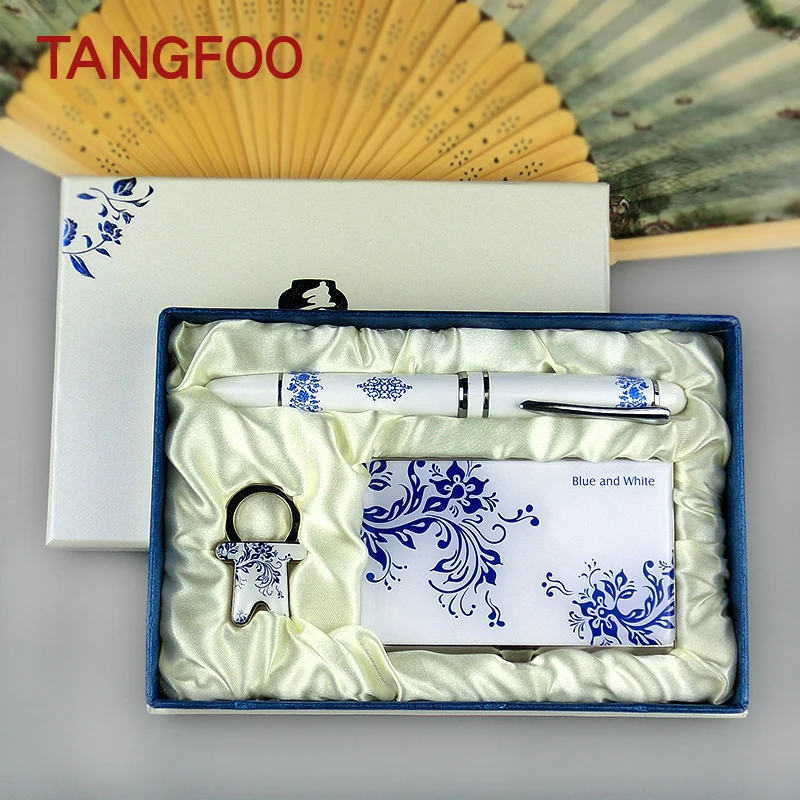

Blue and white porcelain Waterproof Stainless Steel cardcase with key buckle keychain and signature pen combine of business gift