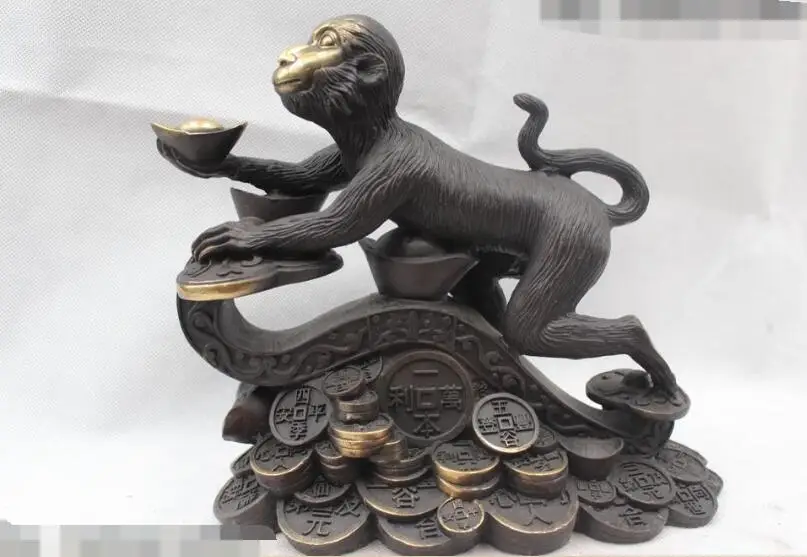 

S06547 8"Chinese Fengshui Bronze Zodiac Year Money drawing Yuan Bao Monkey Statue discount 30% (C0324)