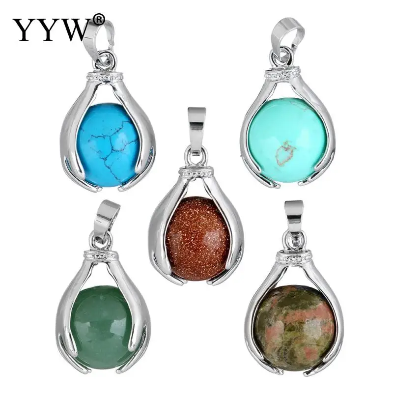 

New fashion jewelry Pendants Designs Natural Gem Stones Pendants Jewelry Teardrop Silver color Plated Hand Ball Charm Pendants