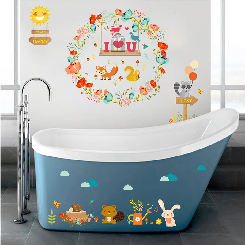 

Jungle Wild Forest Animals Wall Stickers For Kid Room Children Squirrel Rabbit Floral Wall Decal Bathroom Decor DIY home decor